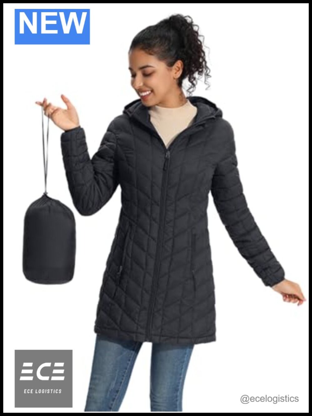 Packable Lightweight Quilted Puffer Jacket Mid-Length Hood Women's